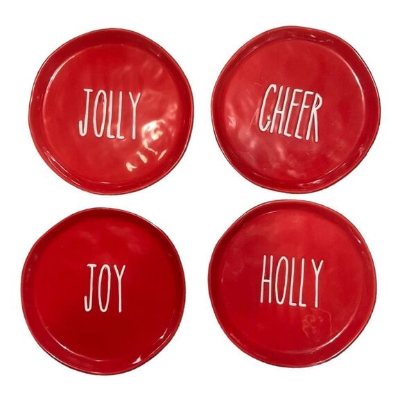 Christmas AF Lot of Four Red Holiday Salad Plates Ceramic Jolly Cheer Joy Holly - Picture 1 of 11
